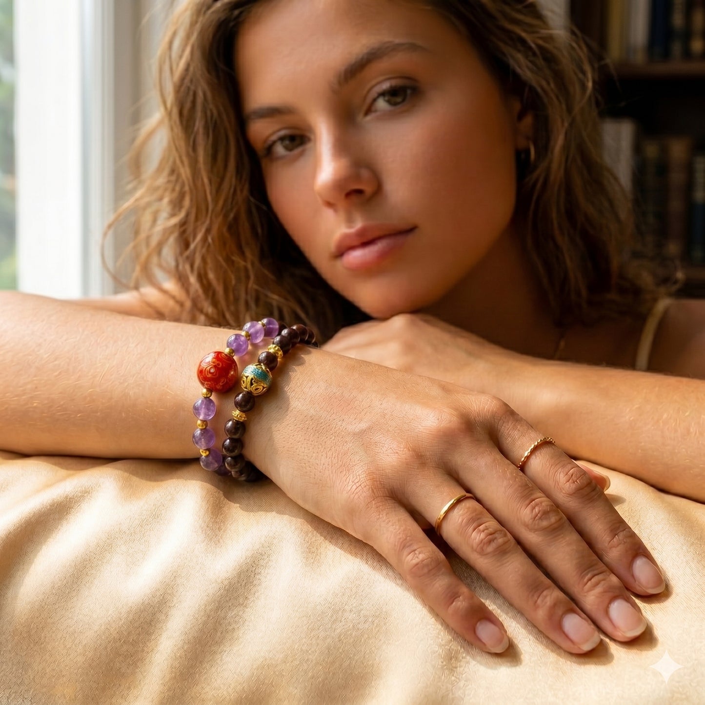 Handmade Double Wrap Beaded Bracelet | Vintage Yoga Healing for Women (Red Sandalwood, Amethyst)