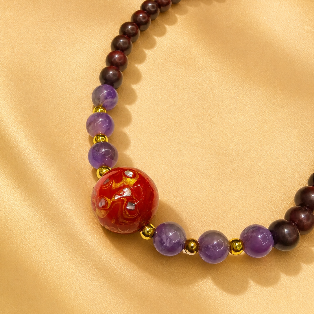 Handmade Double Wrap Beaded Bracelet | Vintage Yoga Healing for Women (Red Sandalwood, Amethyst)