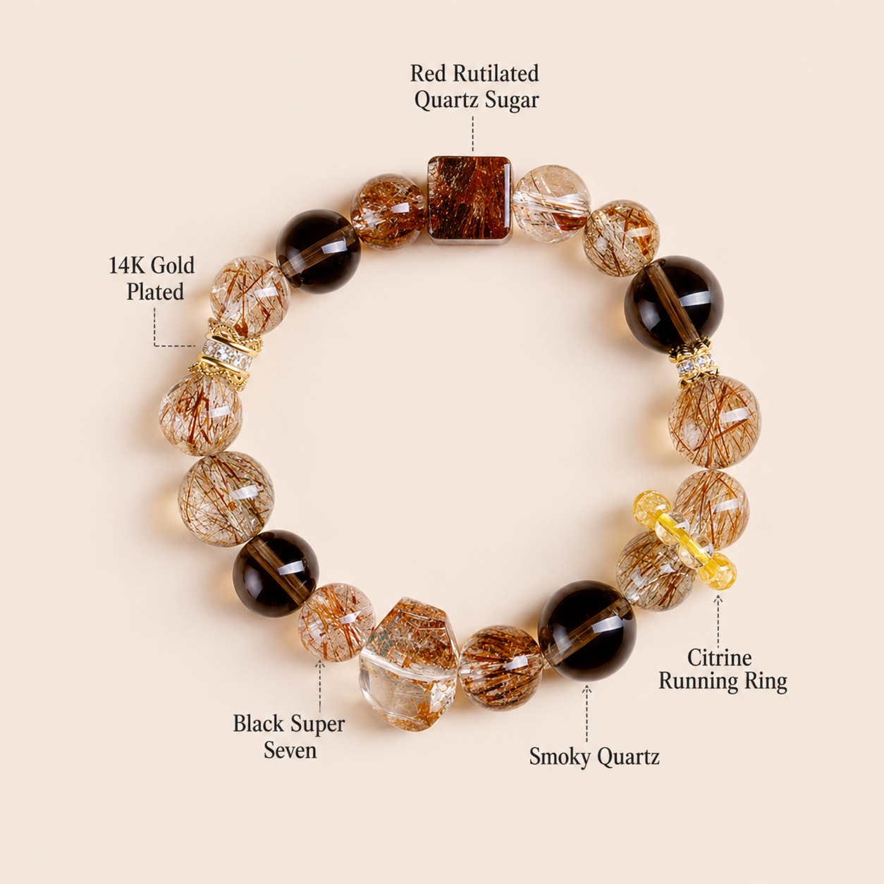 Natural Smoky Quartz Super Seven Rutilated Crystal Beaded Bracelet