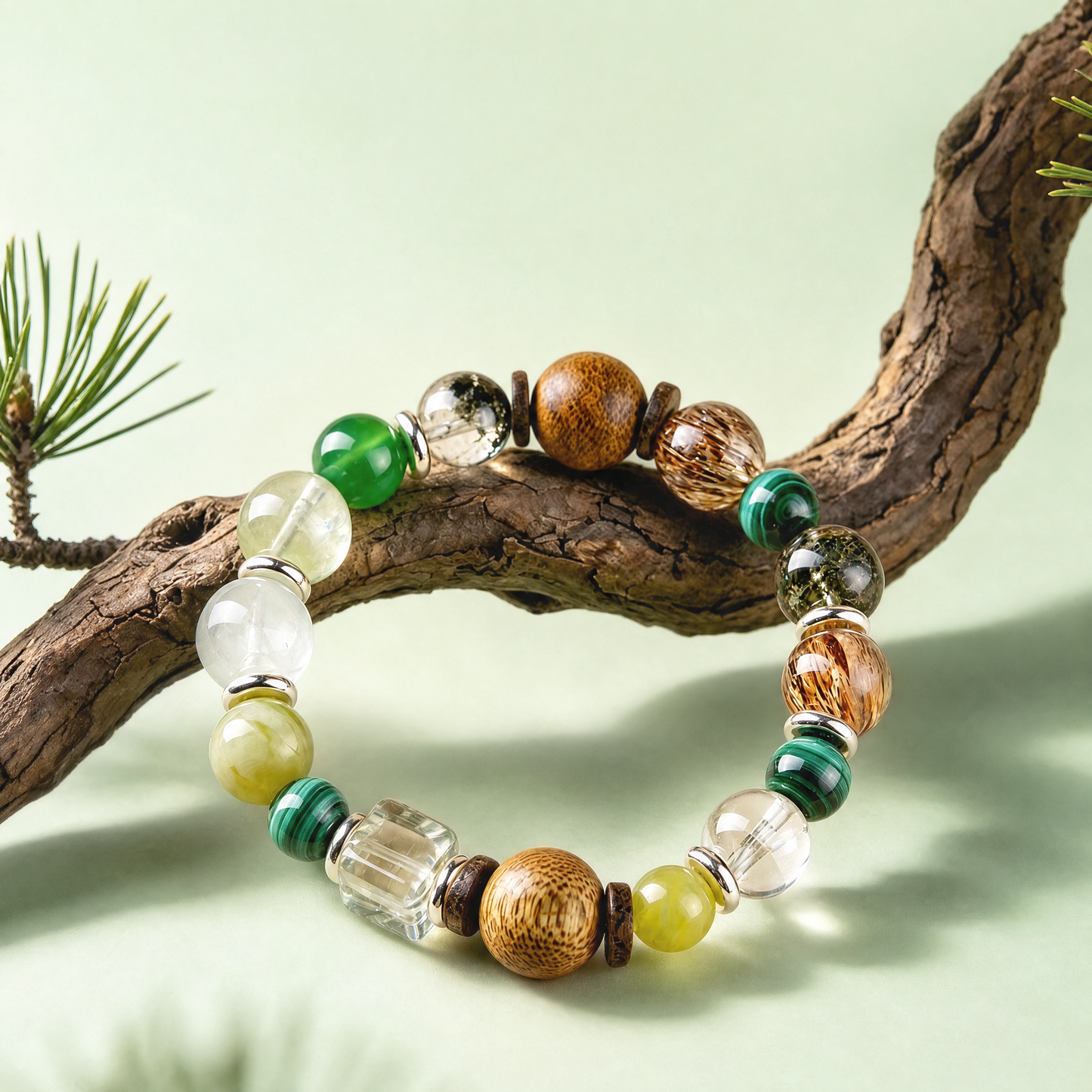 Natural Green Phantom Agarwood Malachite Crystal Bracelet For Women Balance Wood Energy Fortune Jewelry