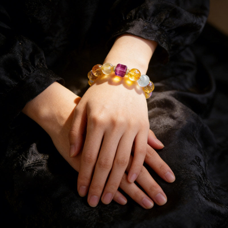 Natural Yellow & Amethyst Crystal Beaded Bracelet, Multi Stone Jewelry Gift for Men Women Luxury