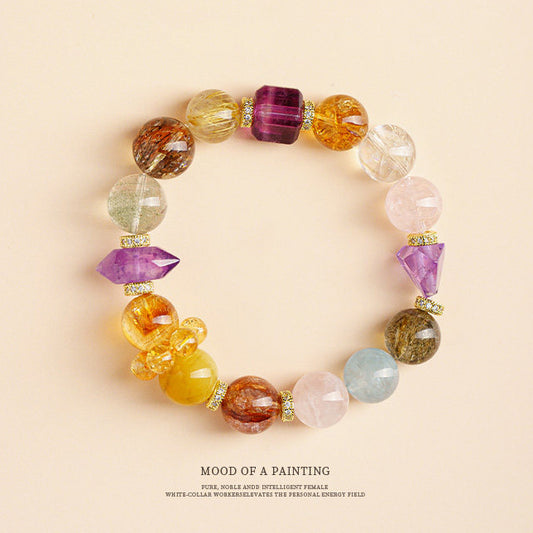 Natural Yellow & Amethyst Crystal Beaded Bracelet, Multi Stone Jewelry Gift for Men Women Luxury