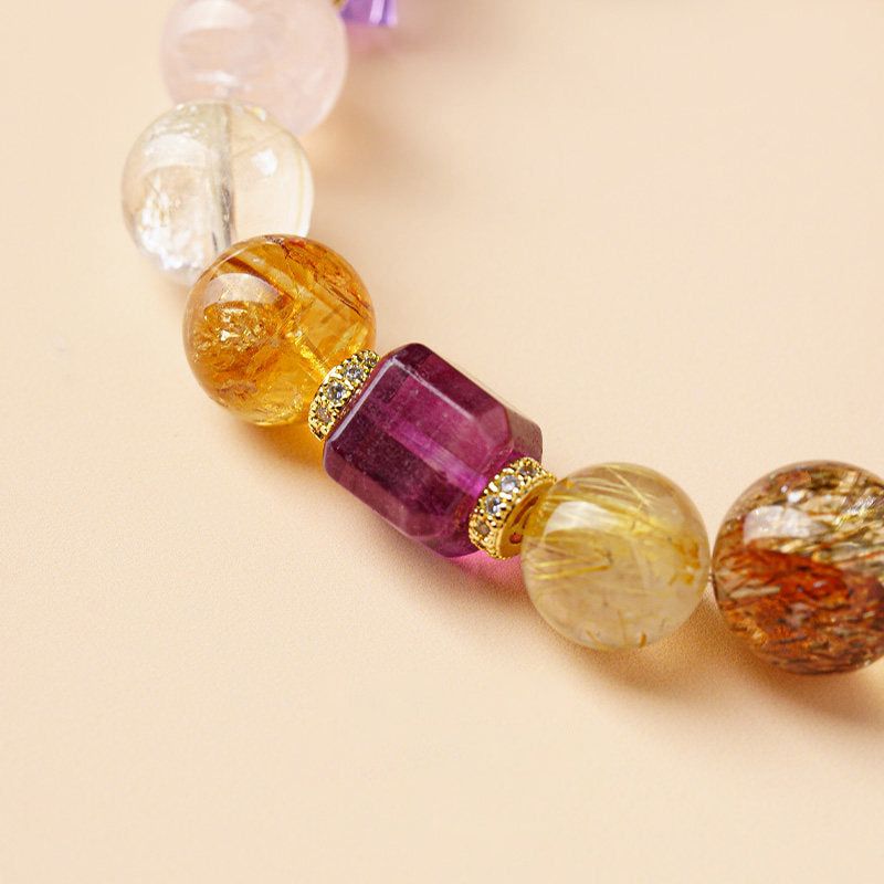 Natural Yellow & Amethyst Crystal Beaded Bracelet, Multi Stone Jewelry Gift for Men Women Luxury