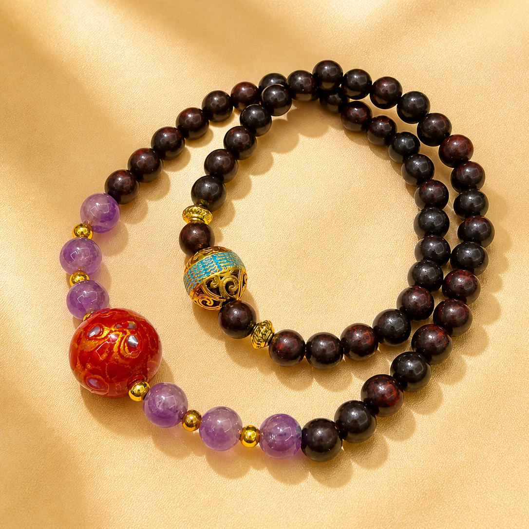 Handmade Double Wrap Beaded Bracelet | Vintage Yoga Healing for Women (Red Sandalwood, Amethyst)