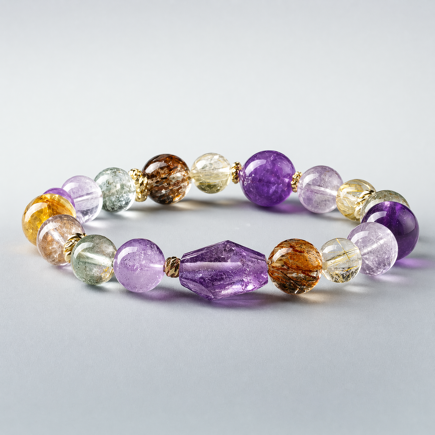 High Grade Natural Gold Rutilated Super Seven Amethyst Bracelet Unisex Luxury Healing Crystal