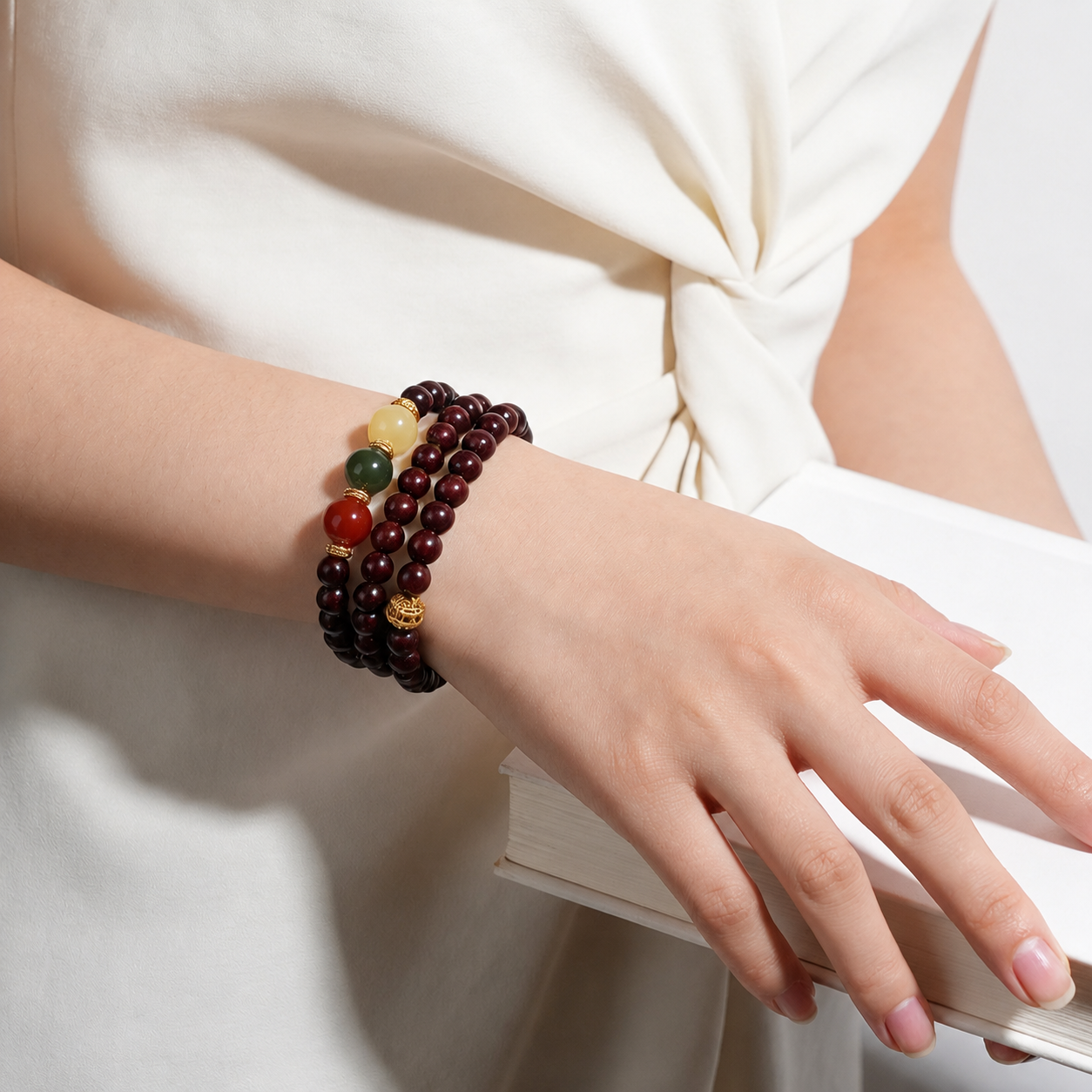 Three Strand Small Leaf Red Sandalwood Prayer Bead Bracelet For Women Spiritual Healing Jewelry