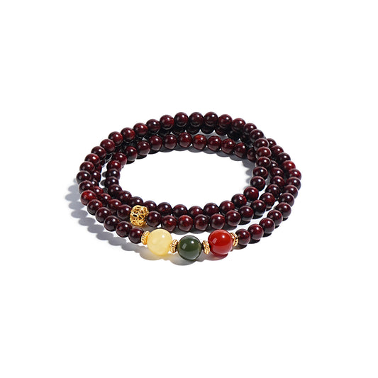 Three Strand Small Leaf Red Sandalwood Prayer Bead Bracelet For Women Spiritual Healing Jewelry